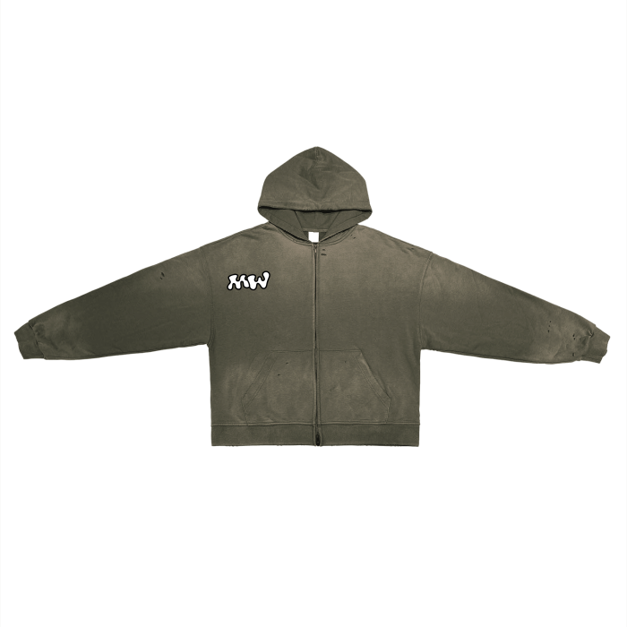 Post-Apocalyptic Aesthetic Pure Cotton Hand-Frayed Monkey Washed Zip Hoodie